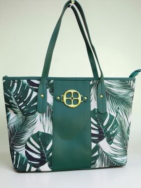 IMAN Tropical Palm and Monstera Leaf Resort Large Canvas Tote. NWOT.